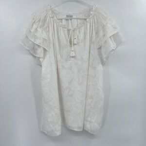 Rose + Olive Womens Flutter Sleeve Pullover Top Size 1X Ivory Floral Cottagecore